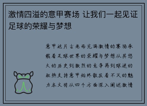 激情四溢的意甲赛场 让我们一起见证足球的荣耀与梦想