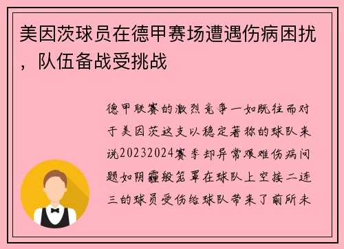 美因茨球员在德甲赛场遭遇伤病困扰，队伍备战受挑战